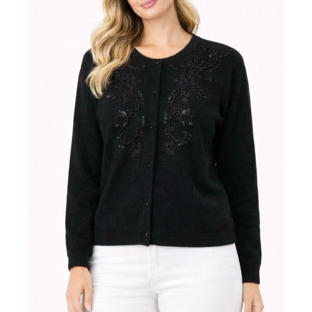 Pierre Lefond Wendy Foster Vintage black wool angora beaded cardigan sweater M
